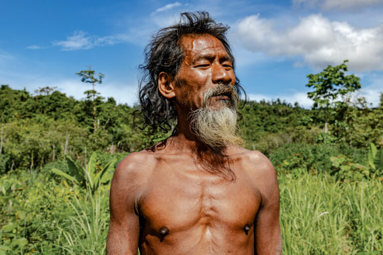 Bawehe Bidos, 68, a member of the O Hongana Manyawa ethnic group (commonly referred to by outsiders as the Togutil or Tobelo Dalam people) was photographed outside his home near Fetealu River, East Halmahera on August 18, 2024.